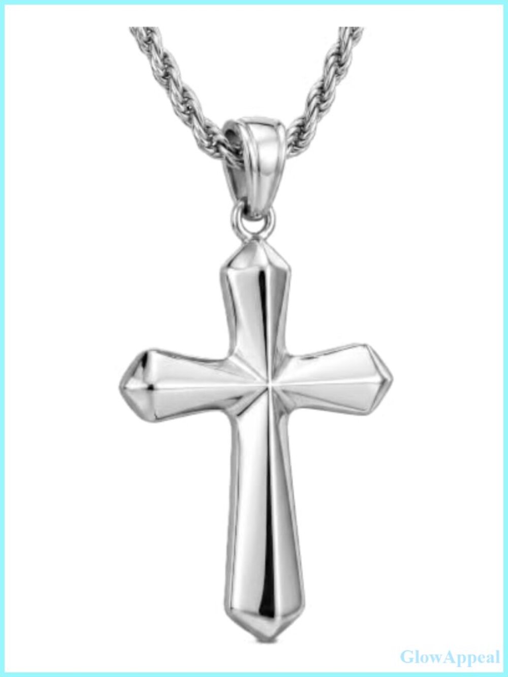 Faceted Cross Pendant Necklace 316L Stainless Steel 22" French Rope Chain